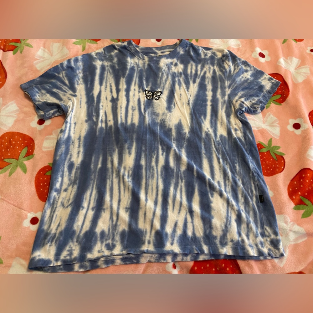 Blue and White Tie-Dye T-Shirt with Butterfly Patch